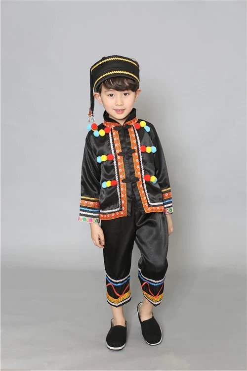Quần áo trẻ em dân tộc Nu Quần áo trẻ em Achang Trang phục biểu diễn cho trẻ em trai và trẻ em Nữ trang phục biểu diễn múa Nu quan ao tre em