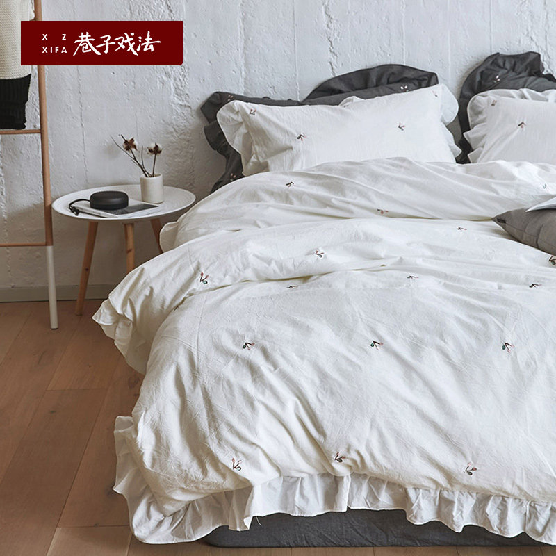 Alley Tricks White Cotton Hemp Four Pieces Bed Set Bed Wash Cotton Pure Cotton Full Cotton Quilt Cover Little Fresh Bed