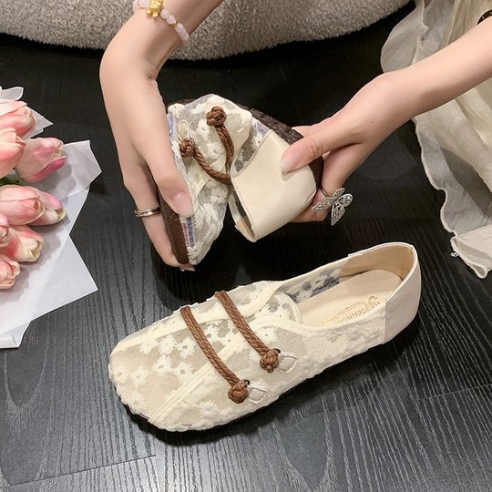 Marque liquidation maille chaussures simples femmes été 2025 dentelle maille respirant Style National chaussures pour femmes sans lacet plat haricot chaussures