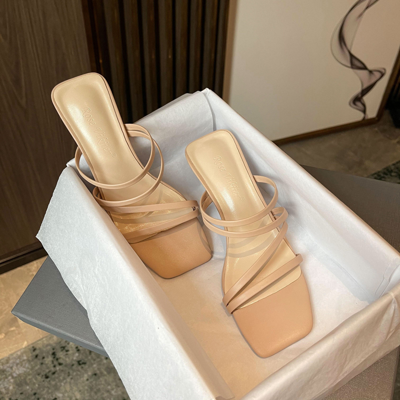 French-Style Two-Way Sandals for Women 2026 New Summer Mid-Heel Thin Strap Elegant Single Strap Genuine Leather High-Heeled Sandals