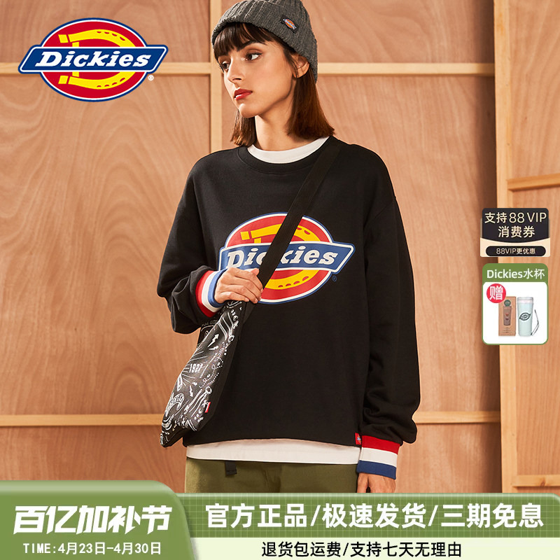 Dickies Printed Ribbed Cuff Crew Neck Warm Sweatshirt for Women, New Autumn Cotton Top with Fleece, Couple Style 9587