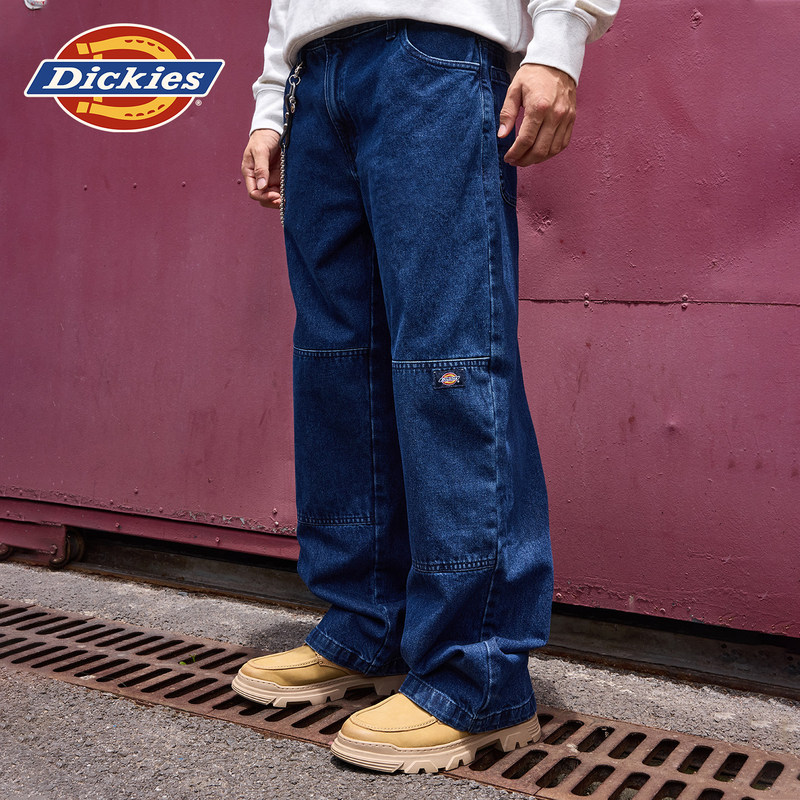 [Same Style as Lu Ke Ran] Dickies Washed Denim Double-Knee Pants, Vintage Blue Loose Cargo Pants
