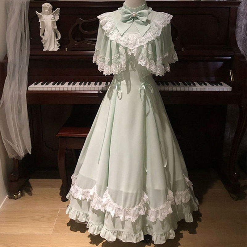 Green Apple Green Clear Style Lolita Dress with Bow Lace Summer Sweet Cape Dress Long Dress Lolita
