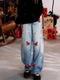 Embroidered Denim Scimitar Pants for Women, 2026 Spring, Plus Size, New Chinese Style, Cartoon High-Waisted Straight Wide-Leg Pants
