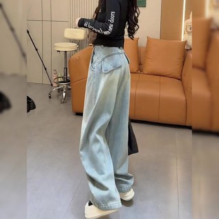 2025冬季美式加绒中线后斜兜设计阔腿百搭显瘦高腰弯刀拖地牛仔裤