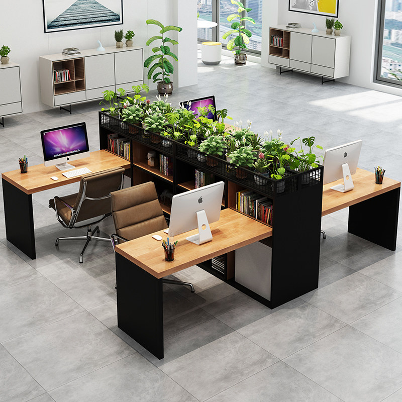 Industrial wind solid wood desk minimal modern staff computer desk 4 person partition office chair combination