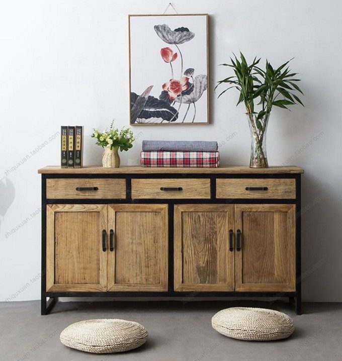 LOFT solid wood side cabinet retro old bucket cabinet simple iron storage cabinet creative industrial style office side cabinet