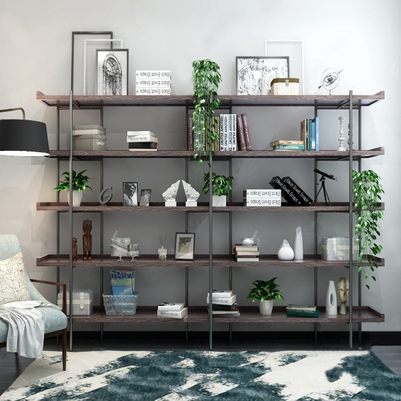 Iron Art Solid Wood Retro Bookcase Bookcase Living-room Living-room Shelf Floor Multilayer Display Shelf Industrial Wind