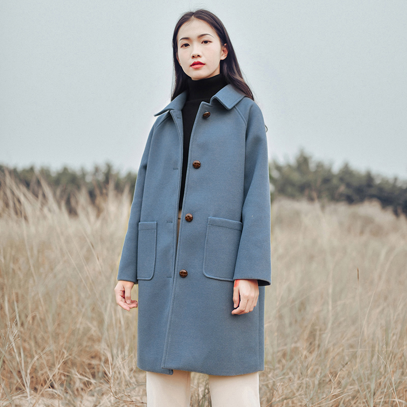 Twilight pupil doll collar smog blue woolen coat women's mid-length Japanese retro woolen coat autumn and winter new