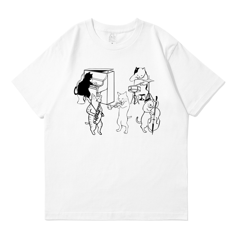 Jazz Print Retro Casual Top Short-Sleeve Cat Playing Piano T-Shirt Saxophone Unisex Cotton Loose Fit