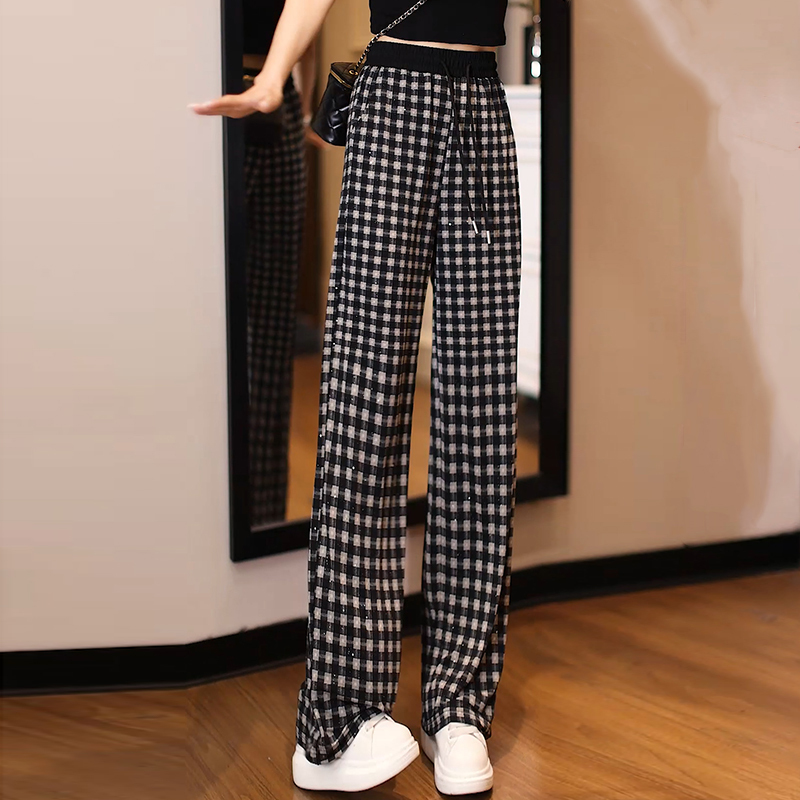 Summer Rhinestone Plaid Wide-Leg Pants New High-Waisted Drapey Stylish Breathable Ice Silk Loose Casual Straight-Leg Pants Summer Rhinestone Plaid Wide-Leg Pants New High-Waisted Drapey Stylish Breathable Ice Silk Loose Casual Straight-Leg Pants