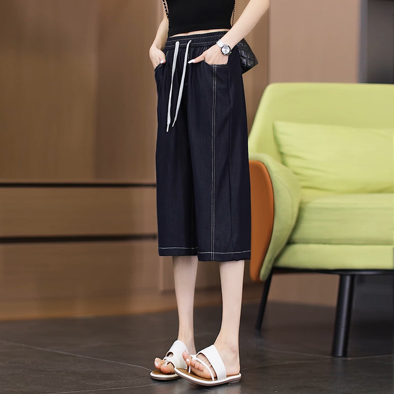 Summer New Soft Denim Pants for Women, Thin, Versatile, Petite, Loose, Slimming, High-Waisted, Fashionable Wide-Leg Cropped Pants