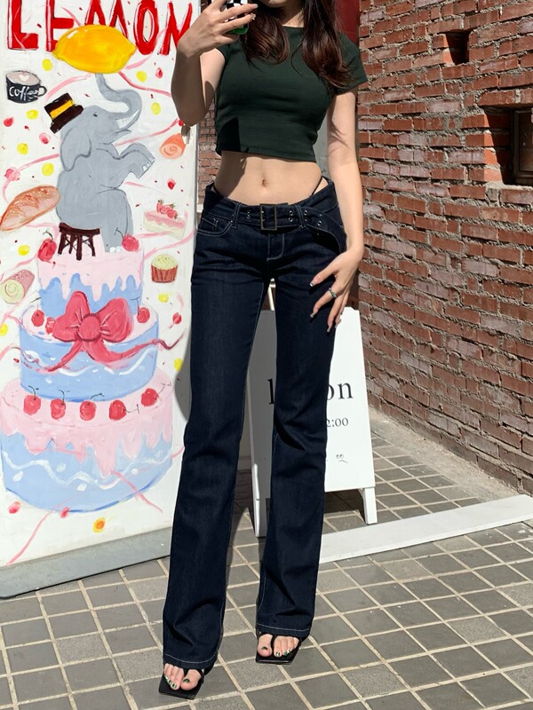 Hot Girl with Long Legs, American Retro Low-Waisted Dark Blue Stretchy Slim-Fit Straight-Leg Cigarette Flared Jeans for Women Hot Girl with Long Legs, American Retro Low-Waisted Dark Blue Stretchy Slim-Fit Straight-Leg Cigarette Flared Jeans for Women