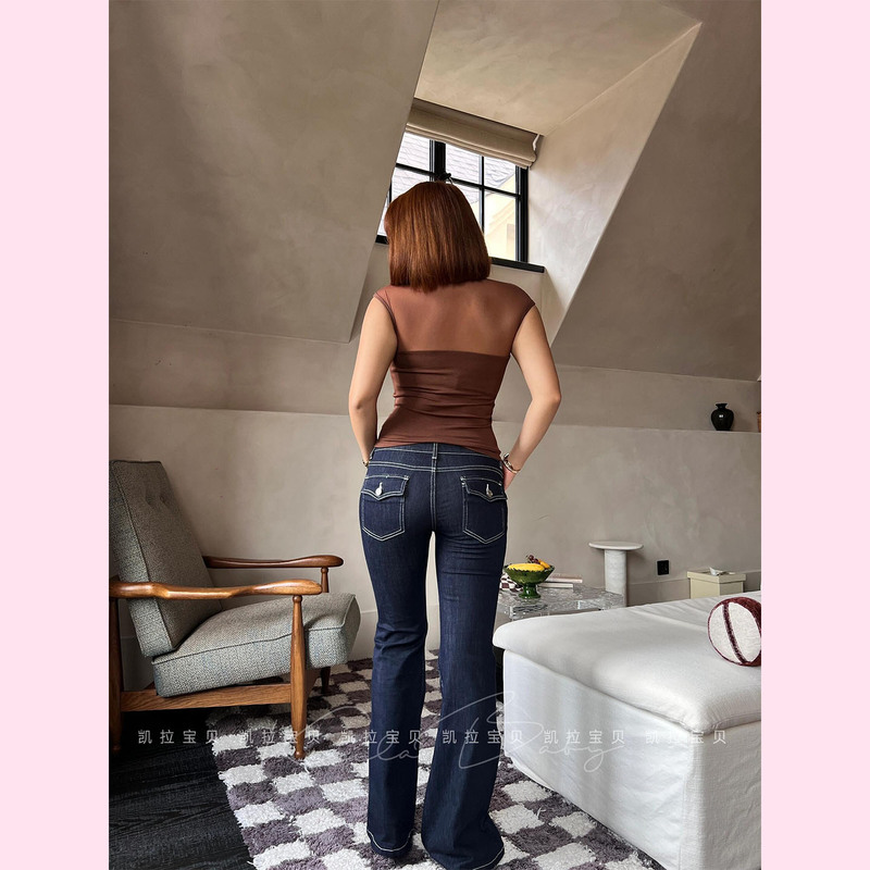 Early Vintage Style! Butt-Lifting Magic Pants! Retro Low-Waisted, Slightly Flared, Thin Denim Jeans with Stretch and Color-Fixing Technology