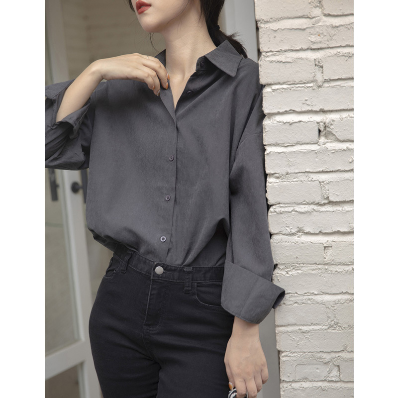High-End Gray Shirt for Women, New Spring and Autumn Loose-Fitting Women's Clothing, Retro Chic Layered Long-Sleeved Shirt, Elegant Top