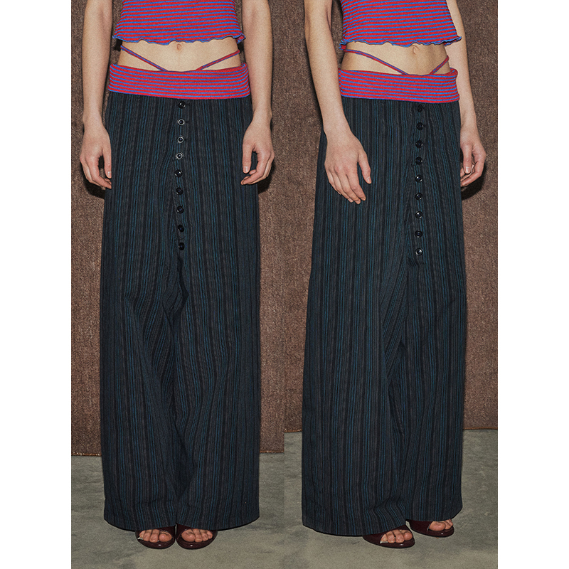 Mottokiraku Drop-Crotch Buttoned Striped Dark Blue Relaxed Suit Casual Trousers
