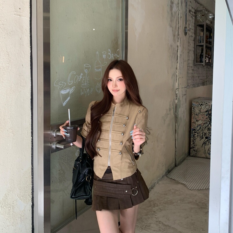 American Retro High-End Short-Style Stand-Collar Buttoned Biker Jacket Napoleon Workwear Denim Jacket for Women Autumn American Retro High-End Short-Style Stand-Collar Buttoned Biker Jacket Napoleon Workwear Denim Jacket for Women Autumn