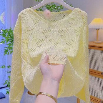 Designed yellow, white, foreign style, versatile hollow thin sweater, spring and autumn loose fashionable age-reducing sweater for women