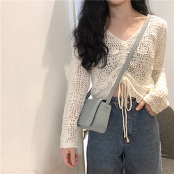 Korean style loose knitwear short sweater women's long-sleeved mesh spring top drawstring hollow V-neck blouse thin