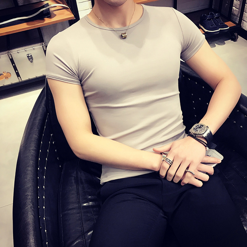 Short-sleeved t-shirt men's summer high-end tight stretch cotton round neck solid color thin handsome wild sports base shirt