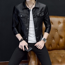 Autumn and winter leather clothing mens spring and autumn slim Korean trend handsome plus velvet motorcycle leather jacket mens jacket