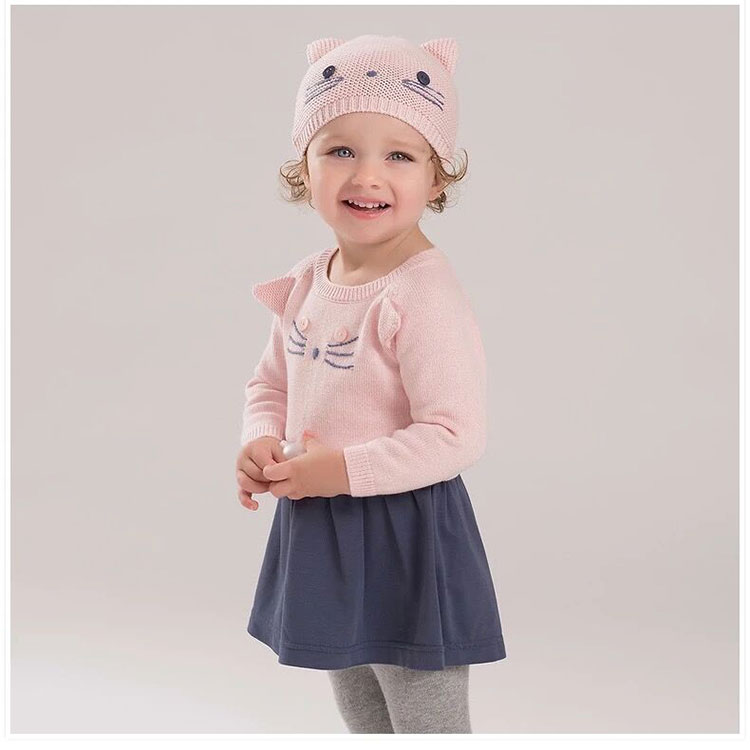 French single LILI pure original newborn girl spring and autumn sweater stitching cat dress 6-12M clearance