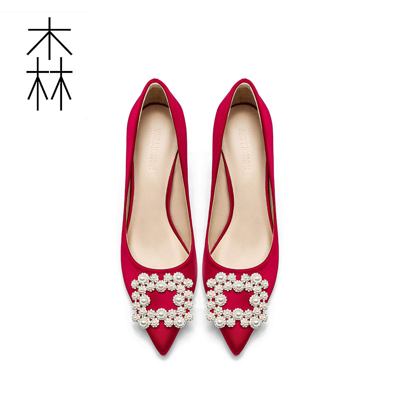 2020 spring new women's pointed toe square buckle rhinestone stiletto single shoes red high heels bridesmaid bride wedding shoes