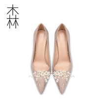 2022 new bridesmaids bride wedding tip pearl water drill fine heel single shoe wedding dress champagne high heel shoe woman