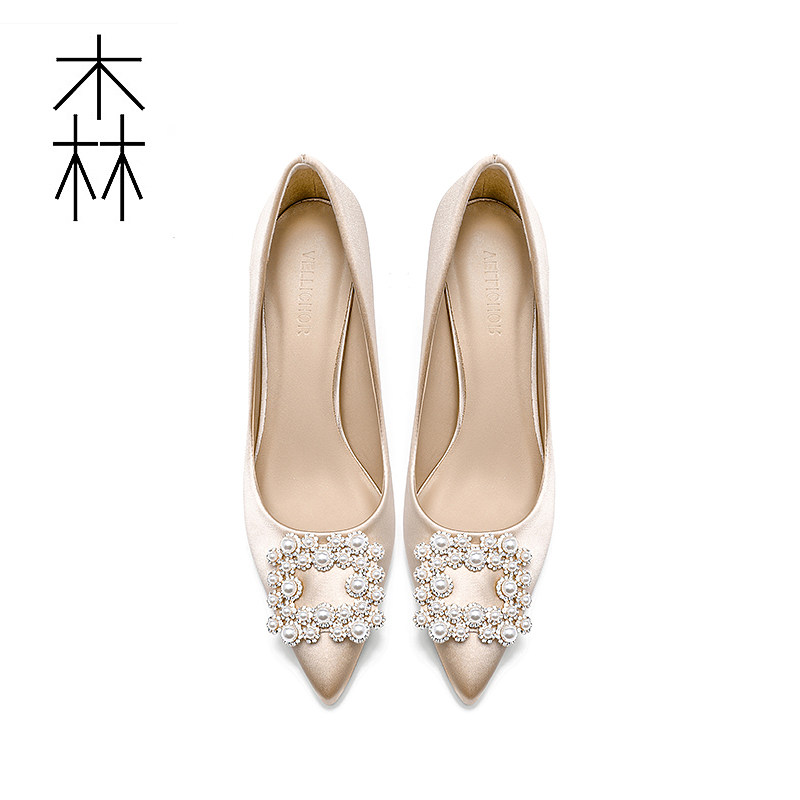 High-heeled shoes women's 2023 new bridesmaid bride wedding shoes pointed toe square buckle pearl stiletto single shoes nude girls