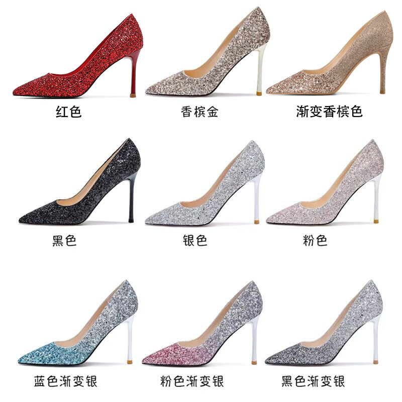 Marriage shoes 2023 new girl Xiuhe wedding dress bride bright film in tip slime heel silver heels