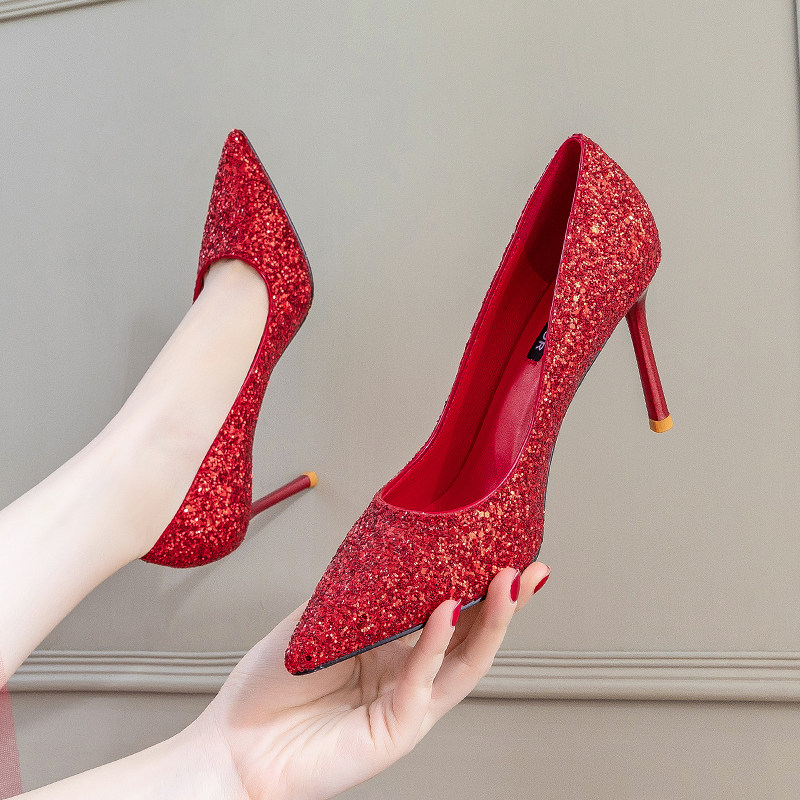 Wedding shoes women 2019 new wedding dress bride Xiuhe bridesmaid shoes pointed toe stiletto single shoes red sequined high heels