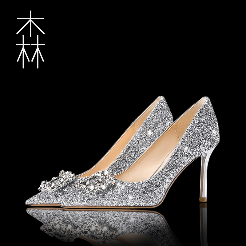 Wedding shoes 2020 new bridal shoes wedding shoes women's sequin square buckle crystal shoes silver high heels stiletto shoes