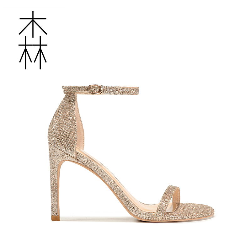 2025 Summer New Style One-Strap Sandals for Women Open Toe ins Trendy Internet Celebrity Sequin Sexy Genuine Leather Stiletto High Heels