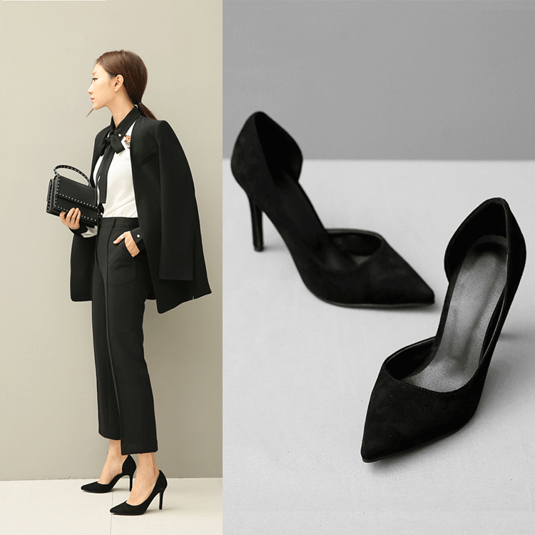 2017 spring new side empty pointed fine heel single shoe heel ol elegant occupation working shoes woman black high heel shoes