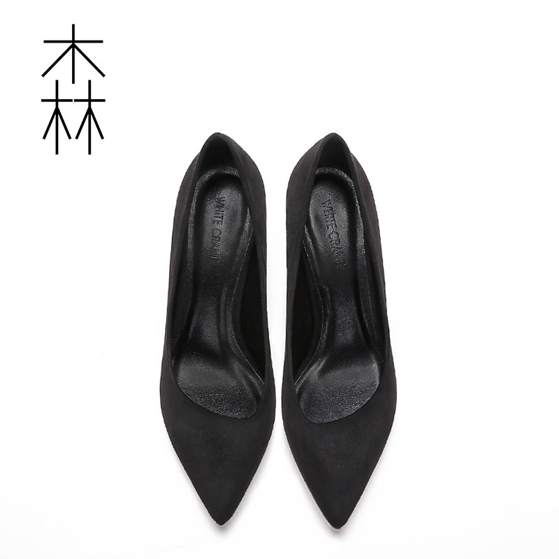 2021 New pointed fine heel single shoe heel shallow suede elegant career working shoes female black heels
