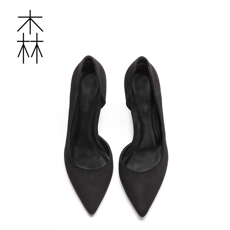 2021 new summer black pointed thin heel hollow single shoe middle heel professional ol work shoes female side empty high heels