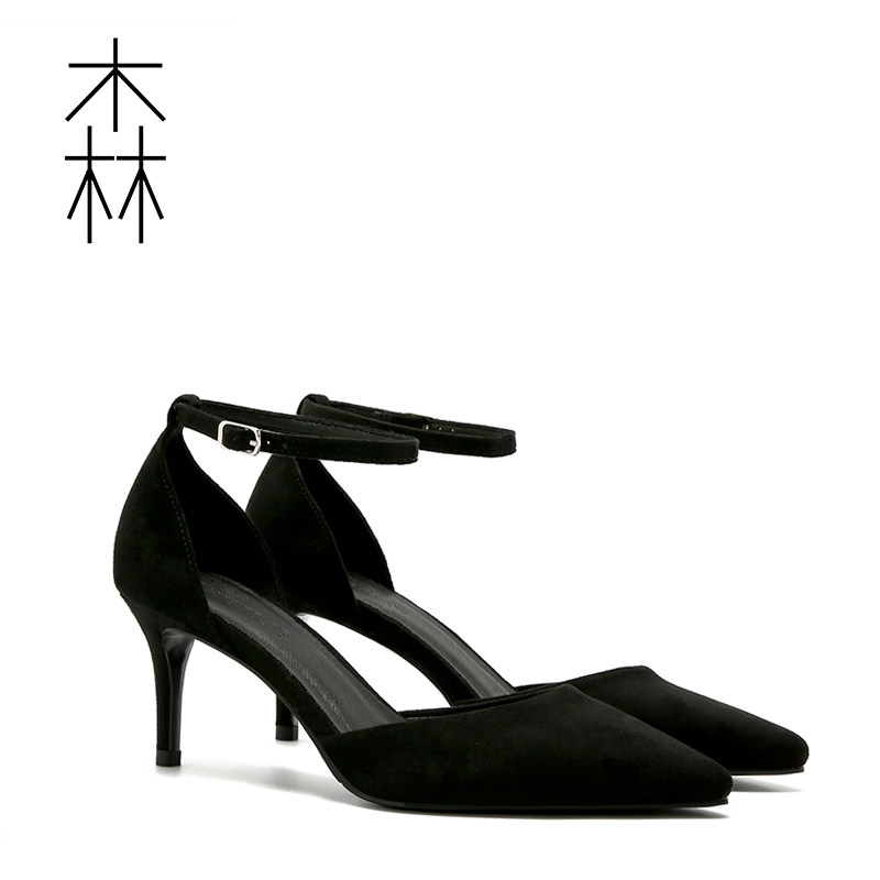c new summer autumn black suede pointed toe stiletto thin heels women's hollow buckle high heels k