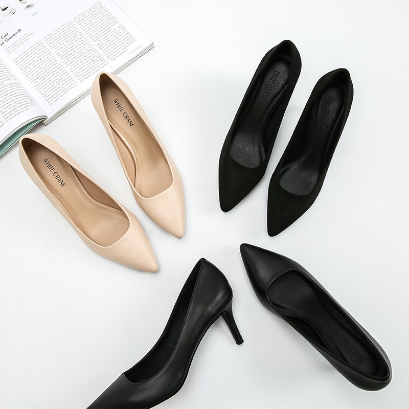 The new Korean version of spring and autumn suede pointed shallow thin heel shoes with Joker professional ol black high heels