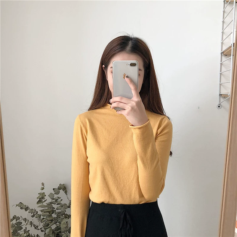 Da Ayi mềm mại, phần cashmere mỏng pha trộn nửa cổ cao chạm đáy áo sơ mi nữ dài tay mùa thu và áo len hoang dã mùa đông