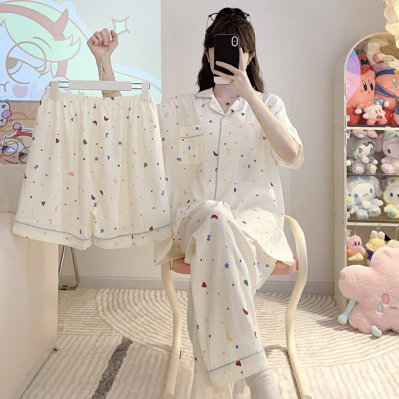 Plus Size 100kg Pajamas for Women, Short-Sleeved Long Pants, Summer Three-Piece Set, Cute Cardigan, Cloud Cotton Loungewear Plus Size 100kg Pajamas for Women, Short-Sleeved Long Pants, Summer Three-Piece Set, Cute Cardigan, Cloud Cotton Loungewear