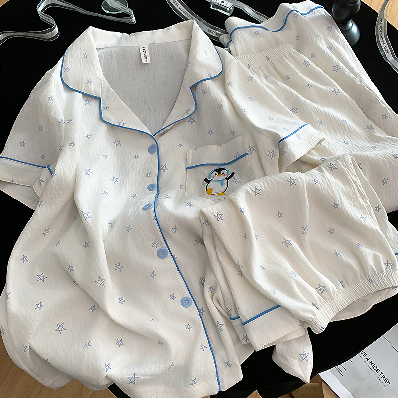 Plus Size 100kg Pajamas for Women, Summer Japanese Style Sweet Cartoon Home Wear, Short-Sleeved Long Pants Three-Piece Set