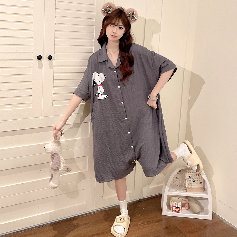 Snoopy Pajamas for Women Summer Short-Sleeved Casual Cartoon Loose Nightgown Large Size 100kg One-Piece Jumpsuit That Can Be Worn Outside