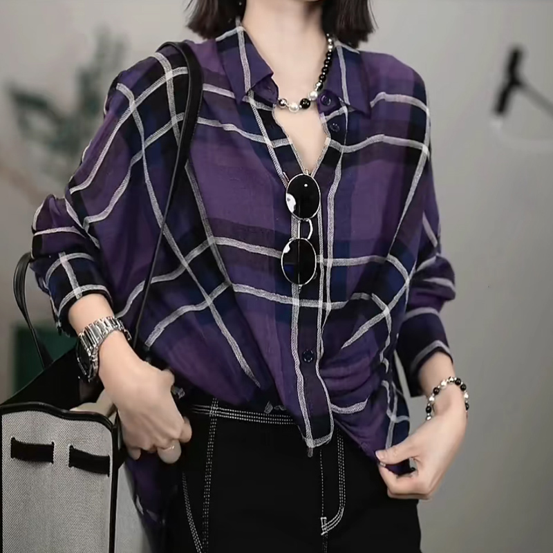 Fashionable Purple Plaid Shirt for Women 2025 Spring New Korean Style Lapel Loose Casual Top High-End Shirt