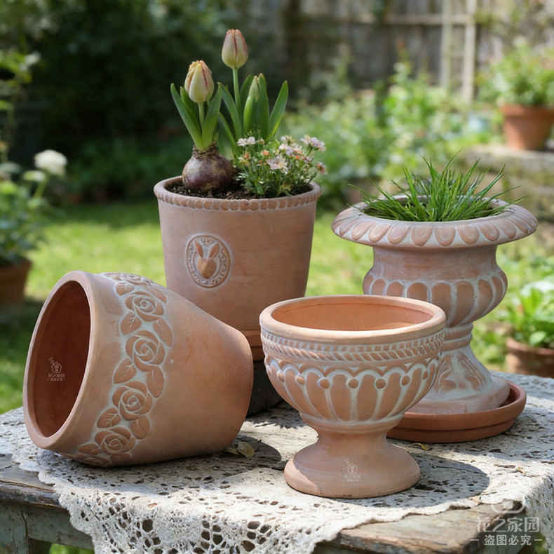 Nordic Minimalist Red Clay Flower Pot Breathable for Small Green Plants Garden Balcony Relief Decorative Flower Vessel Gardening Small Potted Plants