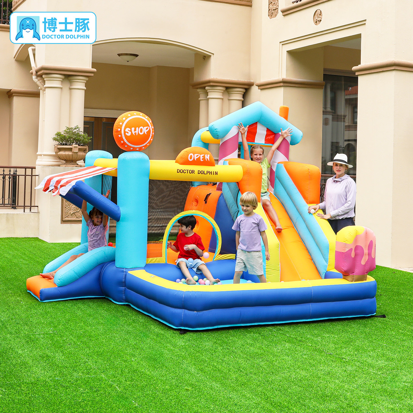 Домик мороженщика Доктора Дельфина, надувной замок, крытый маленький домашний батут, детская горка для прыжков с кровати, Озорной замок
