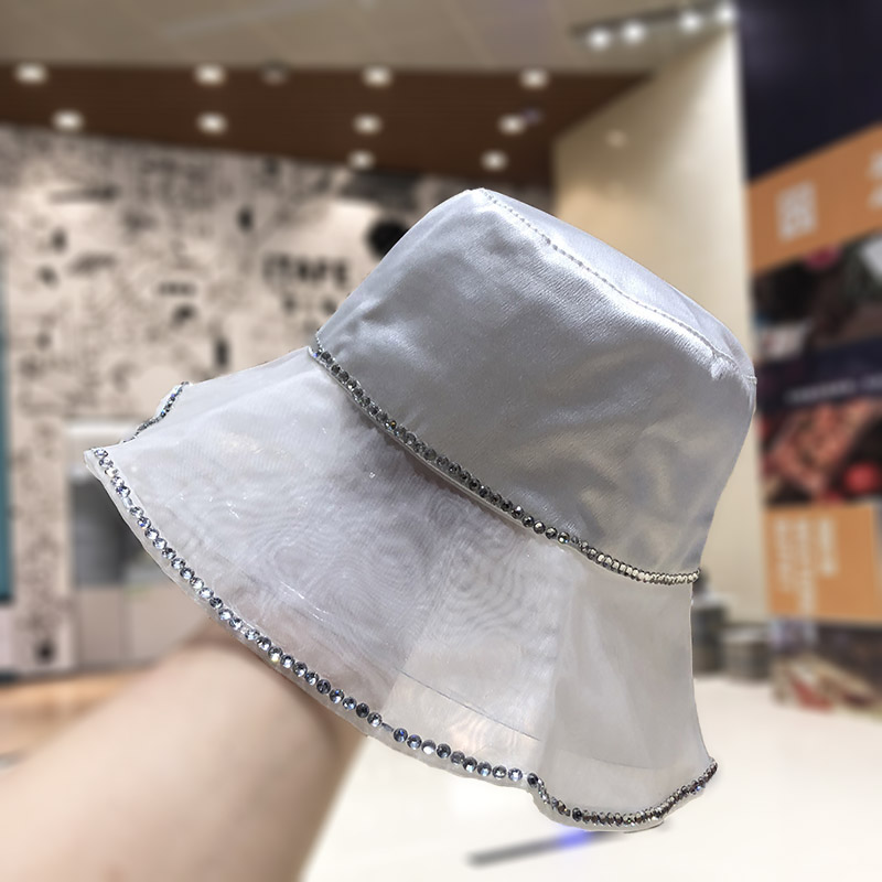 Korean ins diamond-encrusted silk fisherman's hat, women's mesh large brim, foldable summer sun protection and shade travel basin hat detail image 3