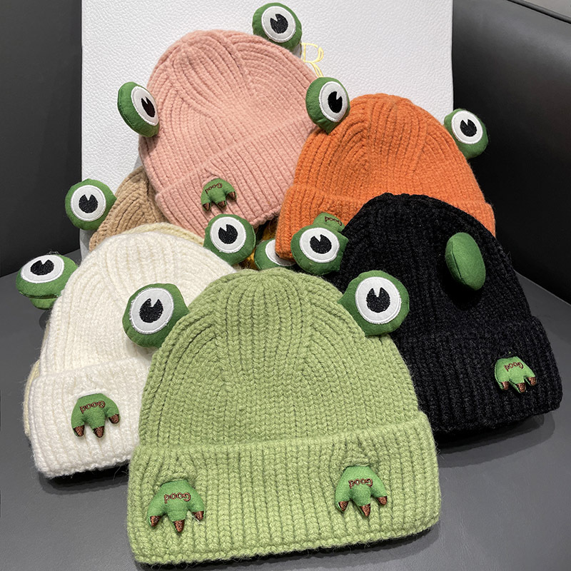 Cartoon Cute Frog Knitted Woolen Hat for Women, Warm Autumn and Winter Student Sweet and Quirky Green Headwrap Hat Trendy