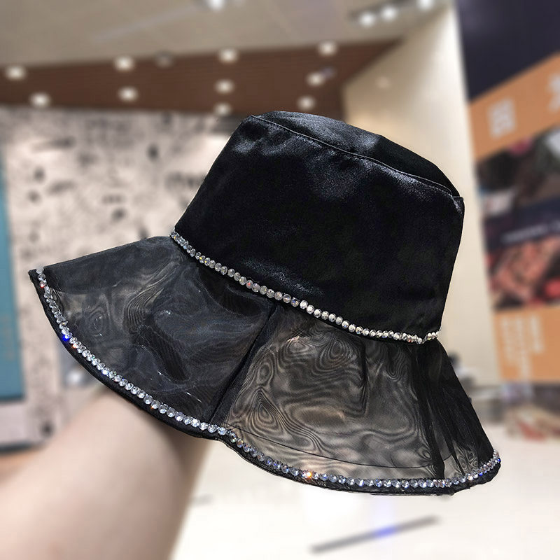 Korean ins diamond-encrusted silk fisherman's hat, women's mesh large brim, foldable summer sun protection and shade travel basin hat detail image 4