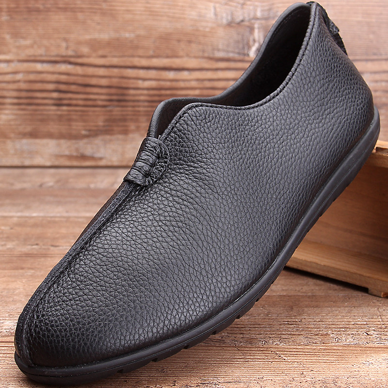 Old Beijing cloth shoes men's Chinese style men's shoes autumn lazy shoes genuine leather retro middle-aged and elderly casual leather shoes dad shoes