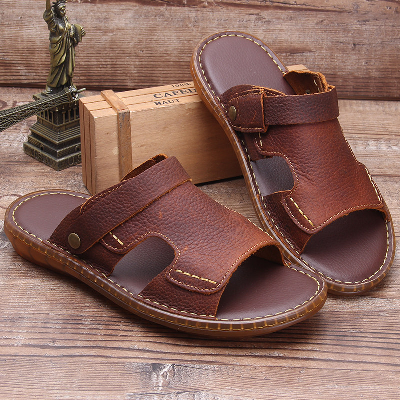 Men's sandals wear skin anti-slip and wear-resistant pure cow-leather beach driving men's dual-use slippers trend
